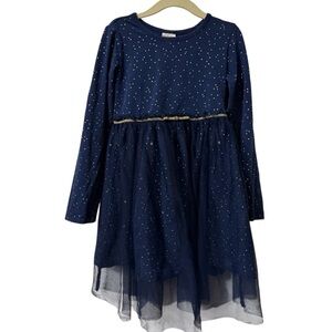 Hanna Andersson Cotton & Tulle Navy Long-Sleeve Sparkle Dress Gold Stars 6/7
